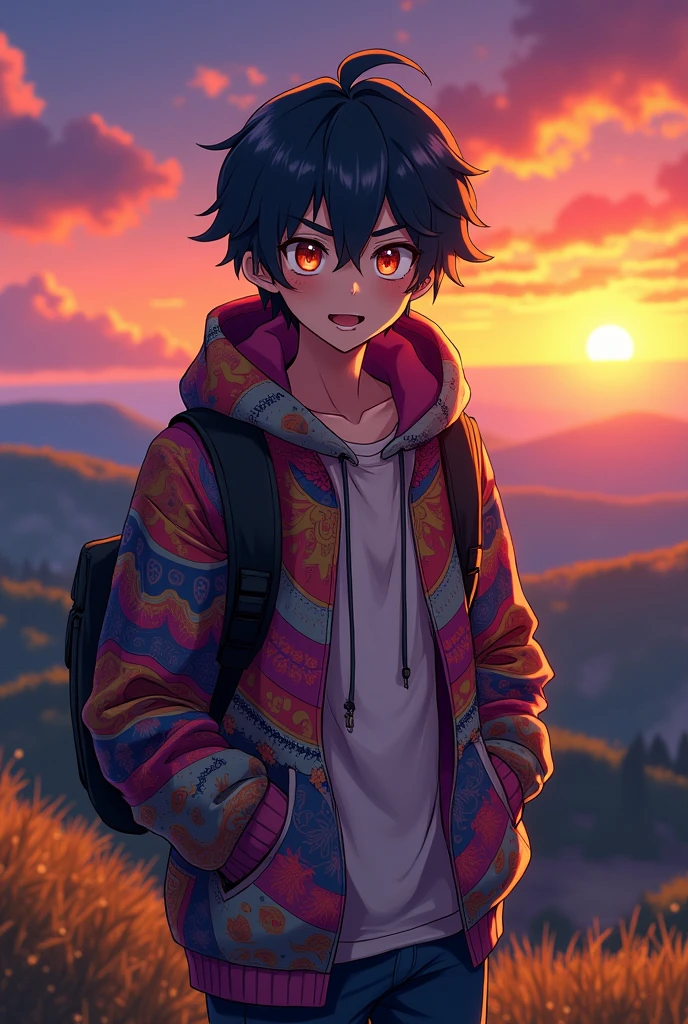 Simple Background, Character Design, hoodie、Man crazy eyes, View landscape, Anime Style,