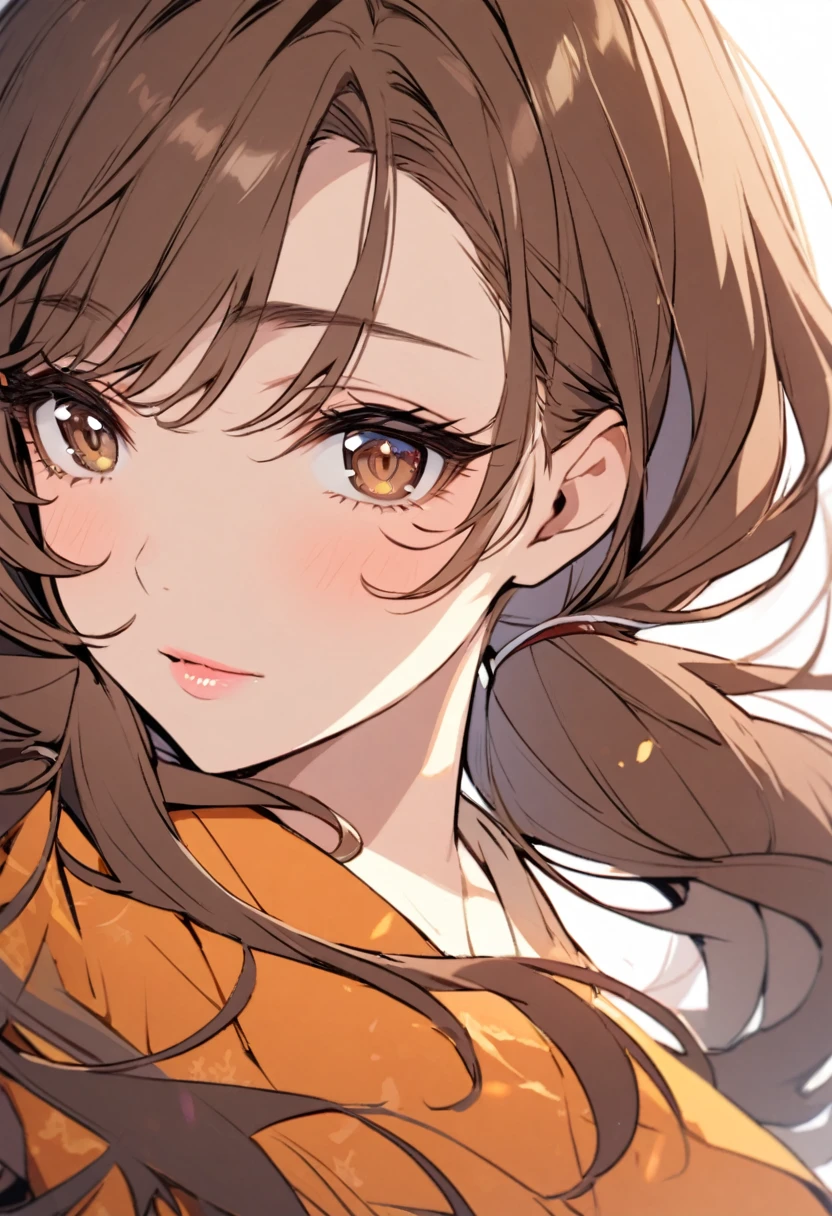 girl, mature, cute, brown hair, brown eyes, low twin tails, long hair, beaautiful color, beautiful eyes, pretty, half eyes