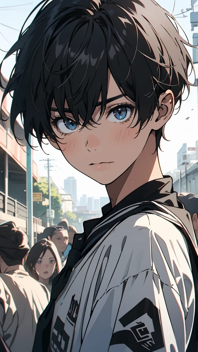 a young hooligan, facing forward, short black hair, sharp eyes, teen, high school student, 8k, high resolution, portrait, expressive face, sharp focus, masterpiece, gang