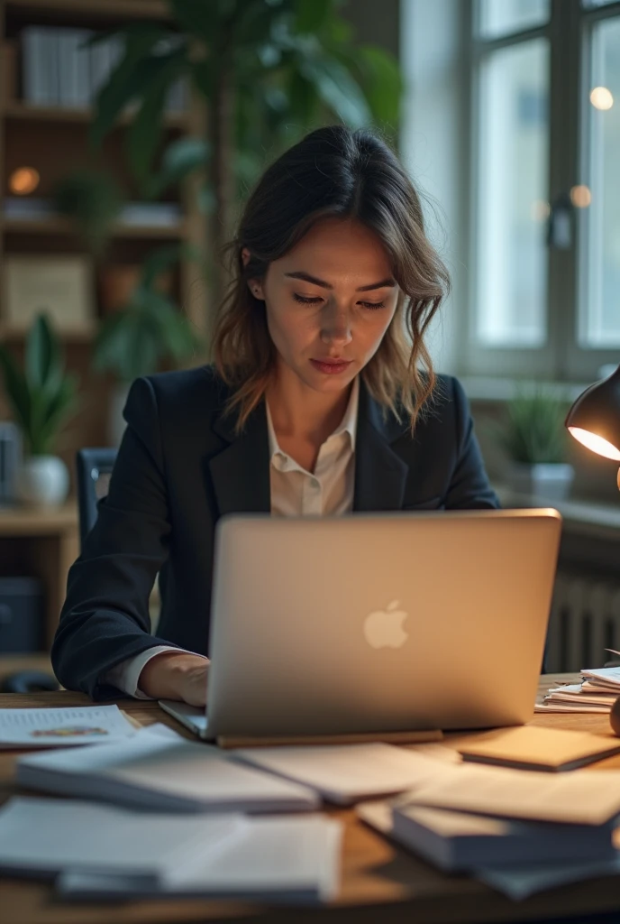 A person women in their mid-30s, dressed in business-casual attire, sitting at a desk cluttered with papers, a laptop, and a coffee cup. The person looks focused but visibly tired, with bags under their eyes and slightly disheveled hair.