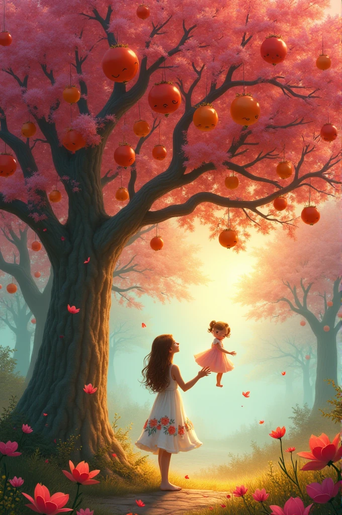 *"Imagine a whimsical scene where girls are growing on trees like fruits. A person is gently plucking the one he likes from the tree."*