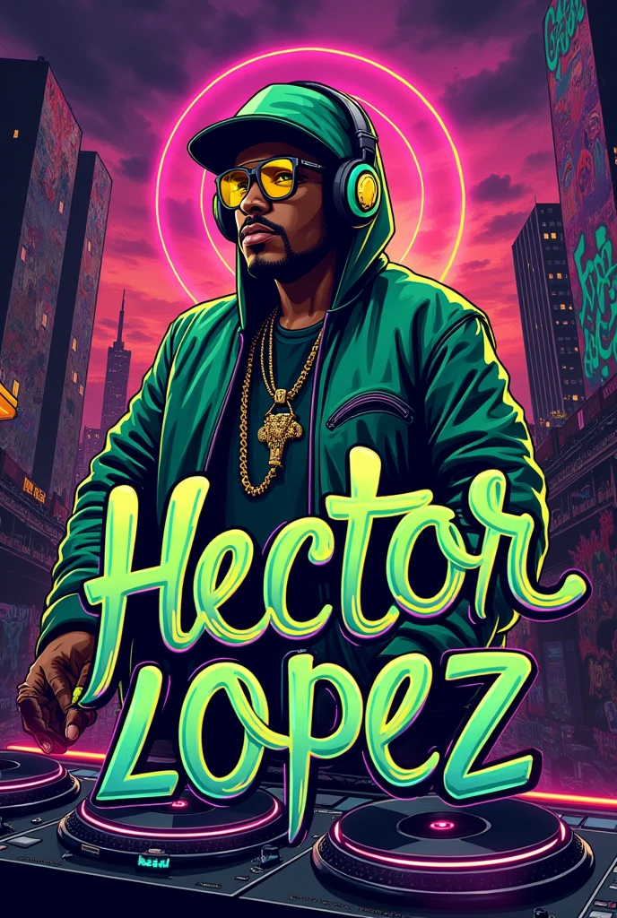 "Create an album cover for a hip-hop artist named 'Hector Lopez.' The design should reflect the vibrant, energetic essence of hip-hop culture. Use bold, dynamic colors like neon greens, purples, and blacks, and incorporate elements such as graffiti art, urban landscapes, and streetwear fashion. Feature a prominent, stylish font for the artist's name, with attention-grabbing details like 3D effects or metallic finishes. Include elements such as headphones, microphones, or turntables to emphasize the musical theme. The overall look should be modern, edgy, and visually striking, capturing the spirit of hip-hop."