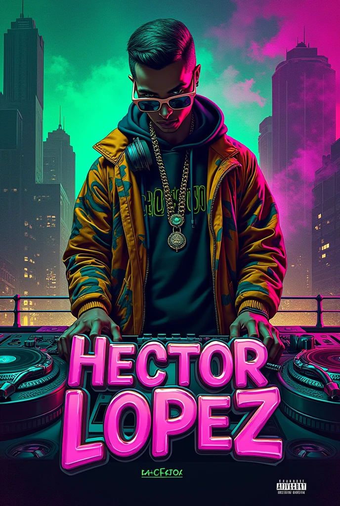 "Create an album cover for a hip-hop artist named 'Hector Lopez.' The design should reflect the vibrant, energetic essence of hip-hop culture. Use bold, dynamic colors like neon greens, purples, and blacks, and incorporate elements such as graffiti art, urban landscapes, and streetwear fashion. Feature a prominent, stylish font for the artist's name, with attention-grabbing details like 3D effects or metallic finishes. Include elements such as headphones, microphones, or turntables to emphasize the musical theme. The overall look should be modern, edgy, and visually striking, capturing the spirit of hip-hop."