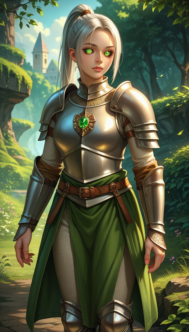 score_9, score_8_up, source_anime,
1girl, solo, Silver-haired female knight, detailed face, detailed eyes, black sclera, Green emerald pupils, High ponytail, Delicate facial features, Ancient European style silver-white armor, Boots, Gaiters, Character design, quadratic element