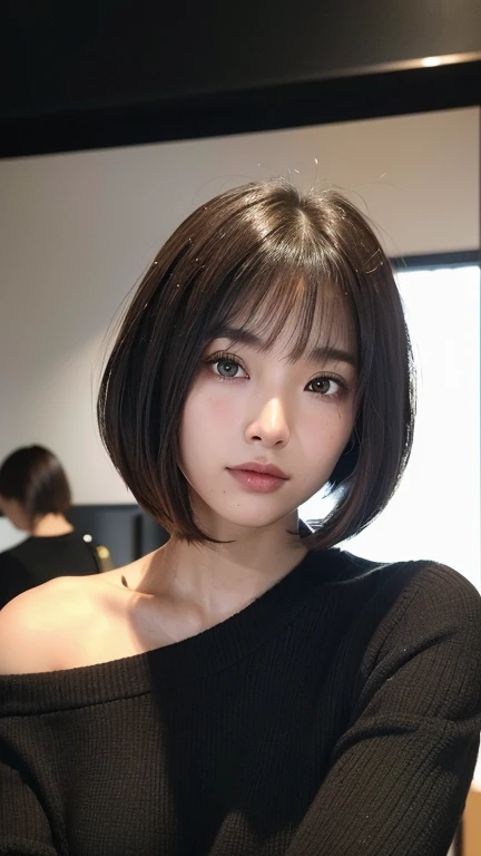 (((Face close-up)))、(((Brown, shoulder-length, straight short bob)))、(((She is posing like a model at a hair salon., Indoors, against a black wall.)))、(((Casual black winter long sleeves covering the shoulders)))、Half Japanese, Half Korean、18-year-old girl、Independent、I'm looking forward to、Light eye makeup、Brown Hair Color、Flat 、Hair blowing in the wind、Quality of actress、Shiny, Ultra-realistic faces、smile、Watery eye、look up、Subtle lighting effects、 Ultra-Realistic Capture、Very detailed、High resolution 16K human skin closeup。Skin texture must be natural、The detail must be such that the pores are clearly visible.、skin is healthy、Even Tone、Use natural light and colour、Worn out, High quality photos taken by modeling agencies'In-house photographer.、smile、(((Sigma 300mm F/1.4,1/1000 sec shutter,ISO400)))