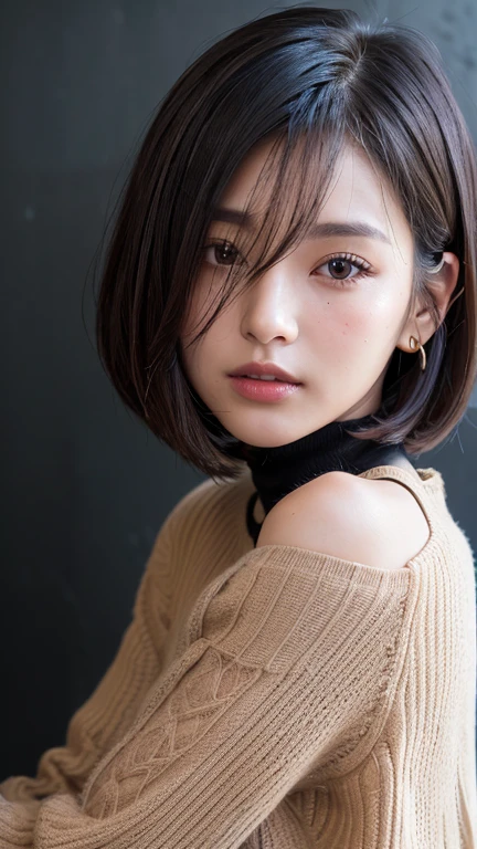 (((Face close-up)))、(((Brown, shoulder-length, straight short bob)))、(((She is posing like a model at a hair salon., Indoors, against a black wall.)))、(((Casual black winter long sleeves covering the shoulders)))、Half Japanese, Half Korean、18-year-old girl、Independent、I'm looking forward to、Light eye makeup、Brown Hair Color、Flat 、Hair blowing in the wind、Quality of actress、Shiny, Ultra-realistic faces、smile、Watery eye、look up、Subtle lighting effects、 Ultra-Realistic Capture、Very detailed、High resolution 16K human skin closeup。Skin texture must be natural、The detail must be such that the pores are clearly visible.、skin is healthy、Even Tone、Use natural light and colour、Worn out, High quality photos taken by modeling agencies'In-house photographer.、smile、(((Sigma 300mm F/1.4,1/1000 sec shutter,ISO400)))