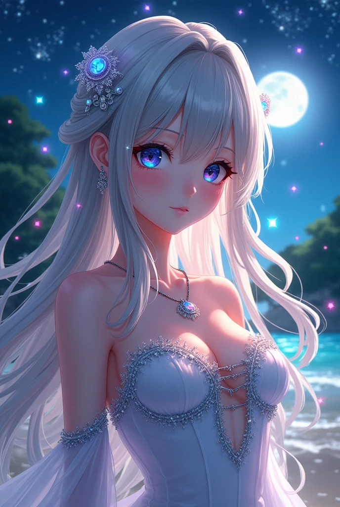 (masterpiece、Highest quality、8k、High resolution)、One female、(Beautiful Face、Beautiful Face)、Beautiful eyes、Beautiful lips、Beautiful nose、Silver blonde hair、(The best anime girl)、Sandy beach with a view of the forest、A bright night with stars visible、体whole bodyから神秘的な光の粒子、Mysterious light around the head、jewelry、necklace、dress、(whole body)、Highly detailed anime art、A complete portrayal、