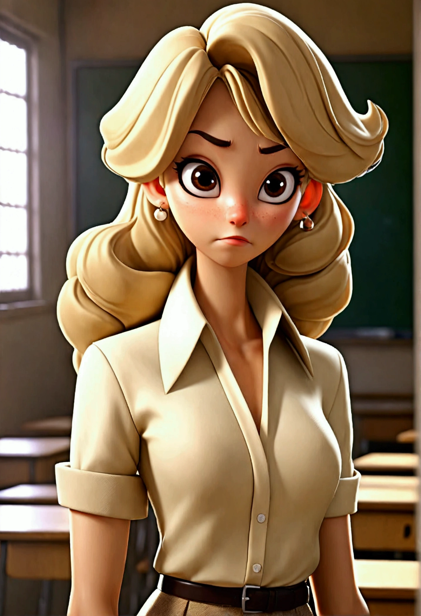 (Ultra high quality, masterpiece, anatomically correct, textured skin, Super detailed, best quality, High resolution, 8k, Bloom, headlight:1.2, Perfect dynamic composition), (24 years old, 1 person, Cute and sexy high school teacher), (Sexy face, long face, Distant gaze, Gentle eyelids, Thin eyebrows, Gentle eye corners, Hawk nose), (Spicy makeup), (Eyeliner), (Totally fascinated you), (Eyes filled with lustful feelings), (beautiful taste), (So cute, beautiful), ((white collar shirt)), ((My shirt is tearing my chest apart.:1.6)), (Charming smile:1.2), (Beige hair:1.4), (long hair, Curly hair, Bangs, smooth hair), ((Huge breasts:1.3)), ((bold gesture:1.3)), ((looking at the audience)), Keiko Kitagawa , ((close up)), (school classroom, window, blackboard, Rows of tables, Chair, fluorescent lamp, ceiling, Sunlight)