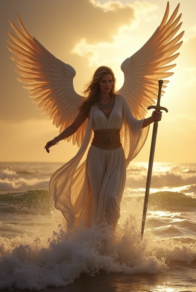 A beautiful angel standing in the parted Red Sea during the Exodus, whole body, Holding a sword, Daytime, whole body