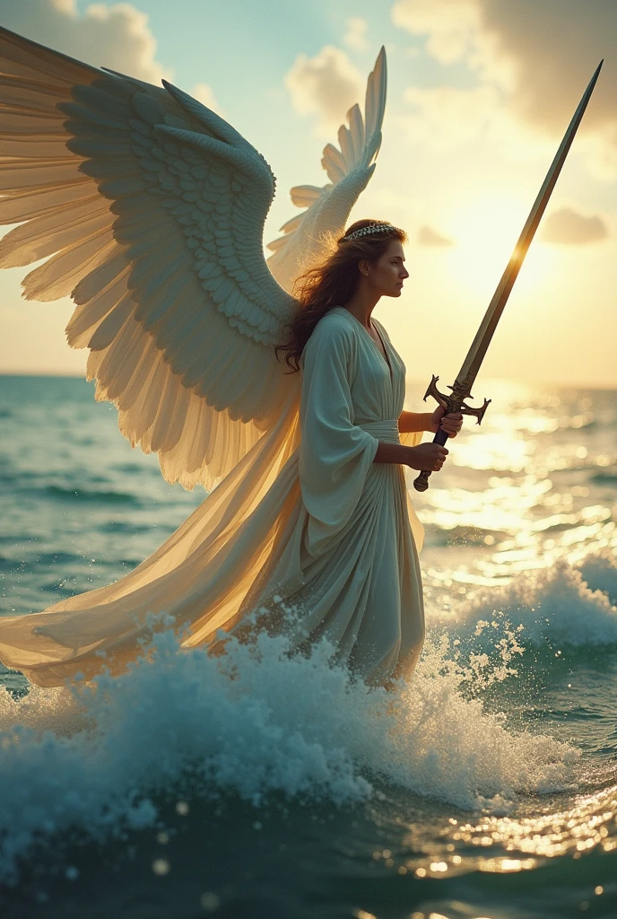 A beautiful angel standing in the parted Red Sea during the Exodus, whole body, Holding a sword, Daytime, whole body