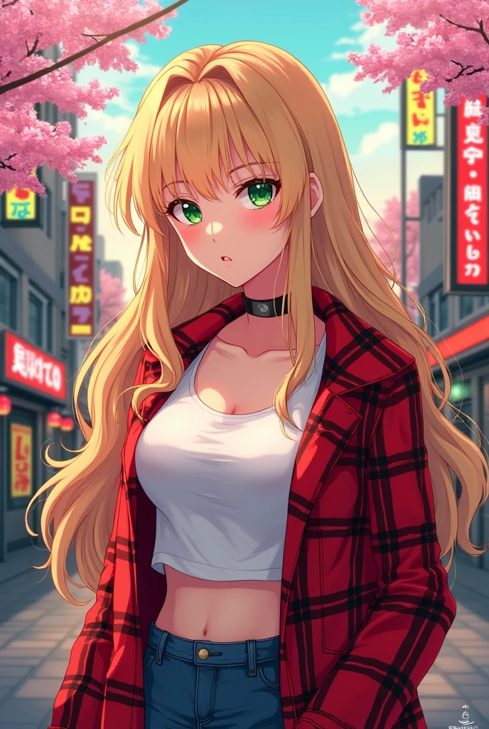 Create an adult anime-style woman. long wavy blonde hair look, Jade eyes, clear skin. CLOTHES: white t-shirt and red plaid jacket.