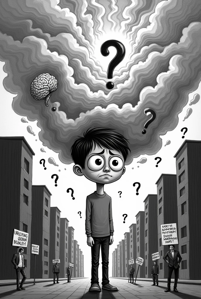 A black and white editorial cartooning which depics the state of mental health and awareness