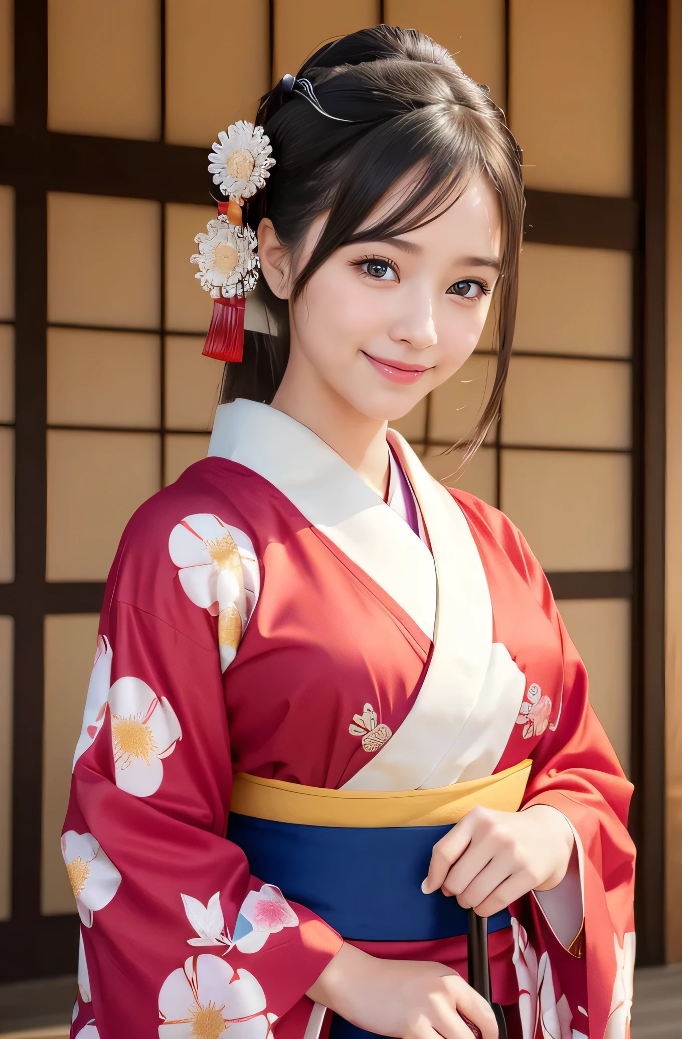 (Very cute girl), (very cute face:1.1),(clear attractive eyes), Beautiful eyes,(smiling), (realistic photograph:1.2),(gorgeous flamboyantly colored apprentice geisha costume :1.1),
(apprentice geisha costume :1.1) ,(very beautiful kimono:1),
Costume lighting