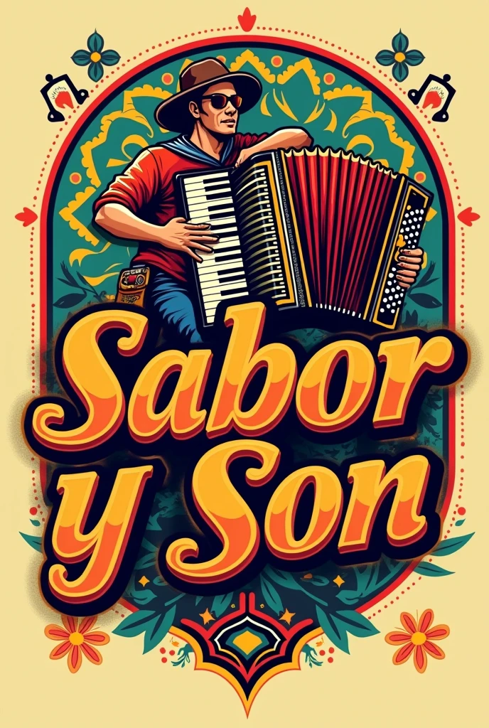 Make a logo for a cumbia group using musical instruments piano and accordion called Sabor y son