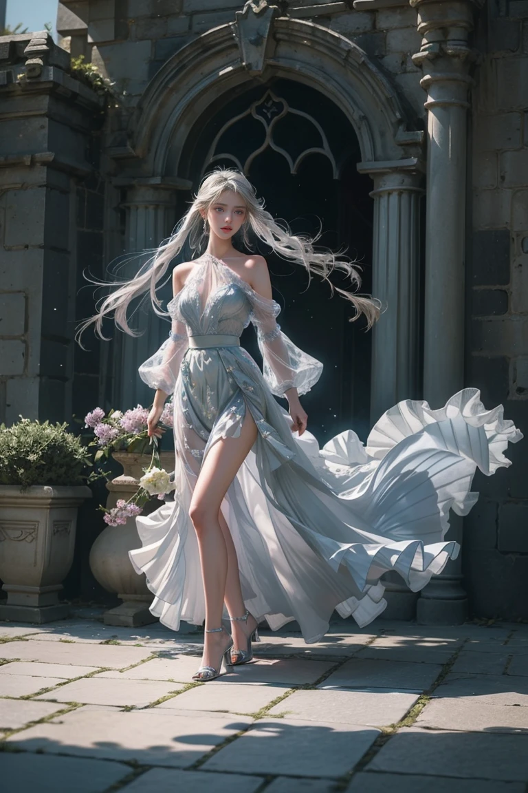 ((Girl standing in front of the castle wall))、Fluorescent color、One Girl、Look to the side、Beautiful Face、Beautiful Eyes、(Big Blue Eyes)（From the shoulder down：1。 2）、（Silver blunt hair）、Shiny Hair、Glowing Skin、Reduce glare、Finger Proportion Adjustment、Escrow、Butt viewpoint、Dynamic Angle、（（Master Parts））、（（Highest quality））、（（（Ultra Details）、（An illustration）、（Detailed light）、（Very delicate and beautiful）、Dramatic Shadows、Ray tracing、reflection、Ultra-high resolution、（（Master Parts））、（（Highest quality））、（（Ultra HD））。 Ultra-high resolution、((Colorful hair and mesh))、Her hair flutters in the wind、(Big deep blue eyes)、Silvery white hair、haired woman、Sparkling Butterfly、Sparkling Butterfly、黒haired woman、Points of light around the woman、Magical Aura、Green dot、The nature of the aura、Magical Aura黒haired woman、 ((Translucent blue one-shoulder dress： 1. 3)、(No sleeve)、((The skirt flutters up in the wind))、((An old European castle stands in the distance))、(Full Body Shot),(Long legs)、(High heels),