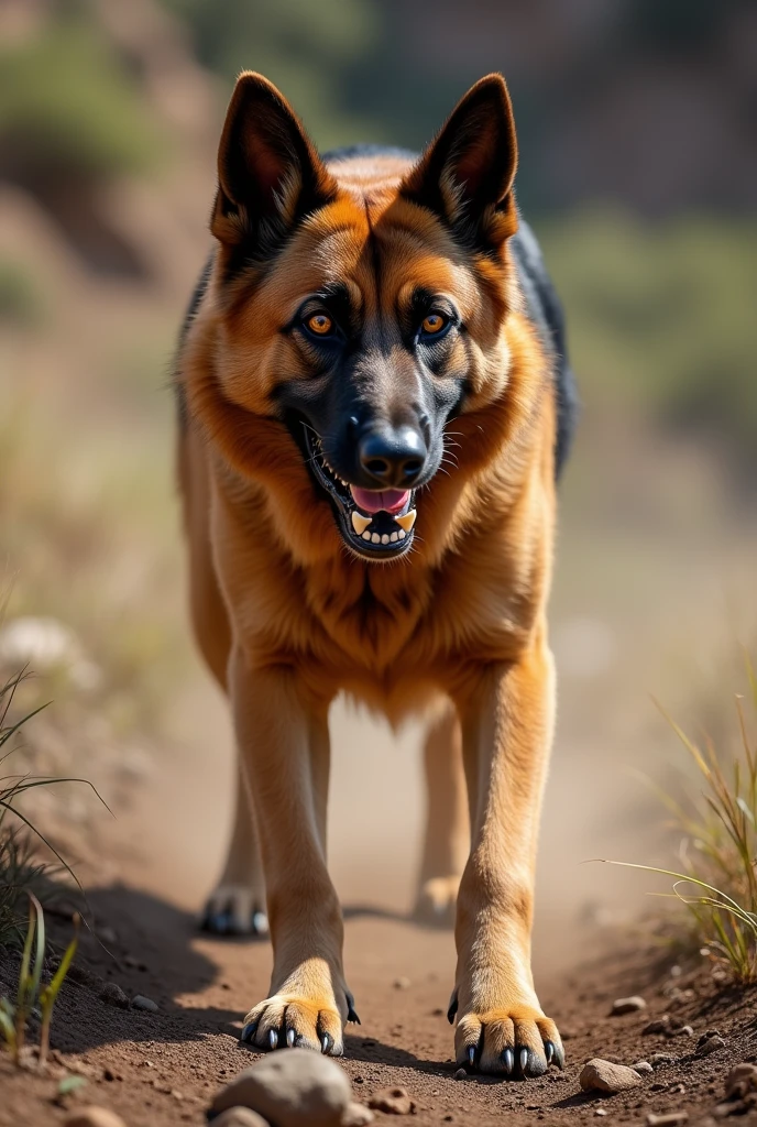 generates an image of a Belgian shepherd dog that is predominantly brown and brown in color and that is aggressive, wanting to bite more aggressively





