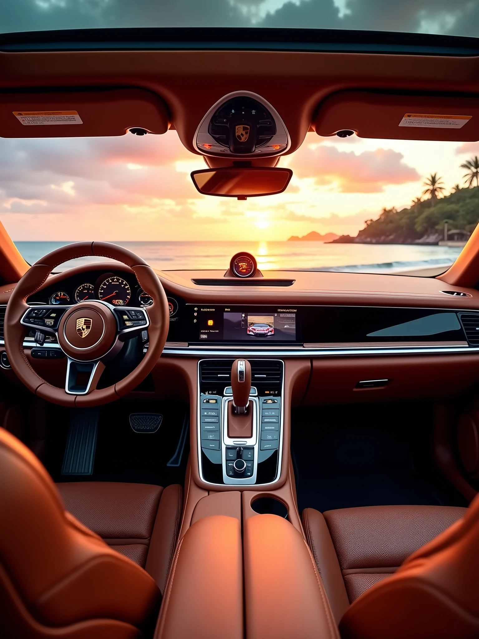 A first-person cinematic view of the interior of a Porsche Panamera Turbo S E-Hybrid, capturing the essence of the car's luxurious and modern design. The interior is adorned with high-quality soft leather in shades of brown and black, with polished wood details that reflect the light. Soft natural light enters through the side windows and the panoramic sunroof, creating a cozy and illuminated atmosphere.

ahead, the instrument panel is elegant and technological, with digital screens that display information about the vehicle. O volante, Clad in leather, ergonomically designed, and the stitching is impeccable, highlighting attention to detail. The scene is framed by a stunning view of the magnificent paradisiacal beach at sunset, with the sky in shades of orange, pink and purple, reflecting on the crystal clear waters of the sea.

The first-person perspective makes the viewer feel like they are sitting in the driver's seat, watching the sunset through the glass, while the gentle breeze enters through the window. The atmosphere is quiet and inspiring, capturing the feeling of  and luxury, with the sunlight bathing the interior of the car and highlighting every detail of the sophisticated design. —checkpoint “SeaArt Infinity”