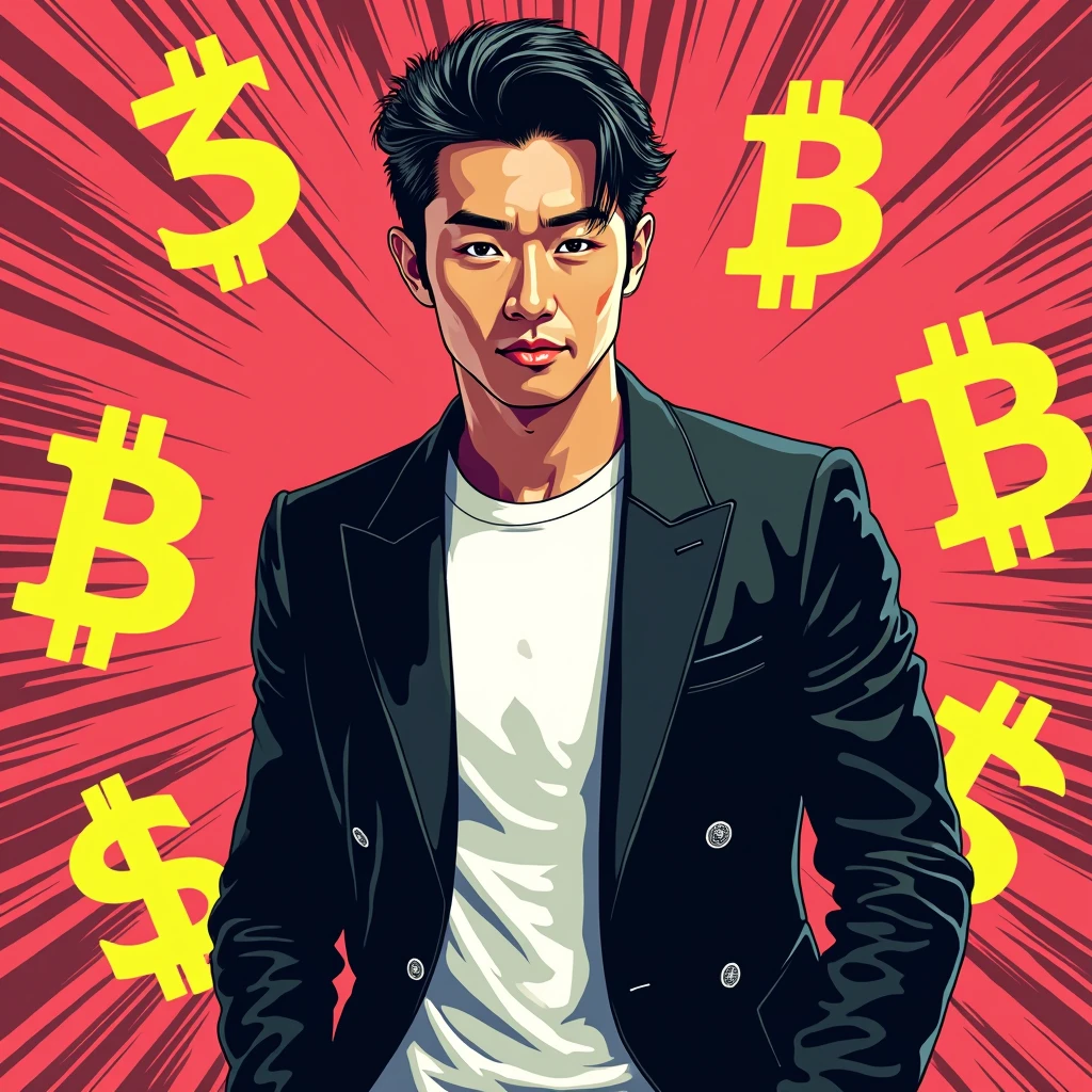 (masterpiece, Highest quality:1.1),Pop Art,Flat Color, Man in Black, Man wearing a double-breasted jacket,Hairstyle Center Part, Bitcoin logo background, Dynamic Angle,39-year-old male,Japanese men,A white T-shirt underneath the jacket,