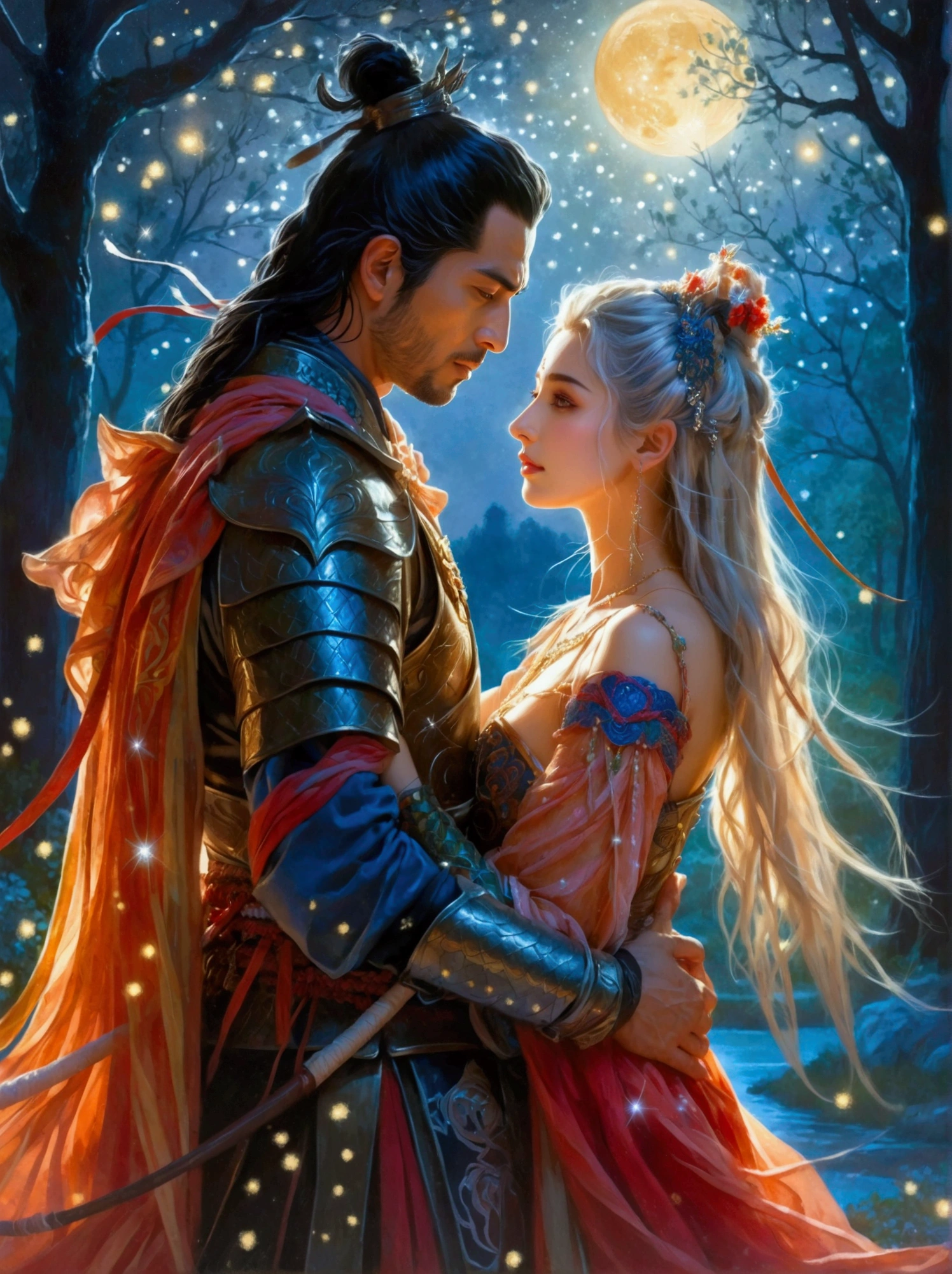 A vivid depiction of a romantic scene under the glistening stars and luminous moonlight. A brave Middle-Eastern samurai in his forties is seen clad in ornate armor, and clinched in an embrace with an entrancing female high elf archer of Hispanic descent. His strong arm tightly wrapped around her, eyes interlocked with serious passion and deep love. The setting is a serene woodland by a rejuvenating spring and a crystalline small lake. The backdrop details lofty mountains far away, touched by the soft glow of the stars above. Exquisite elements of fantasy and romance are merged to paint this scene of profound affection.