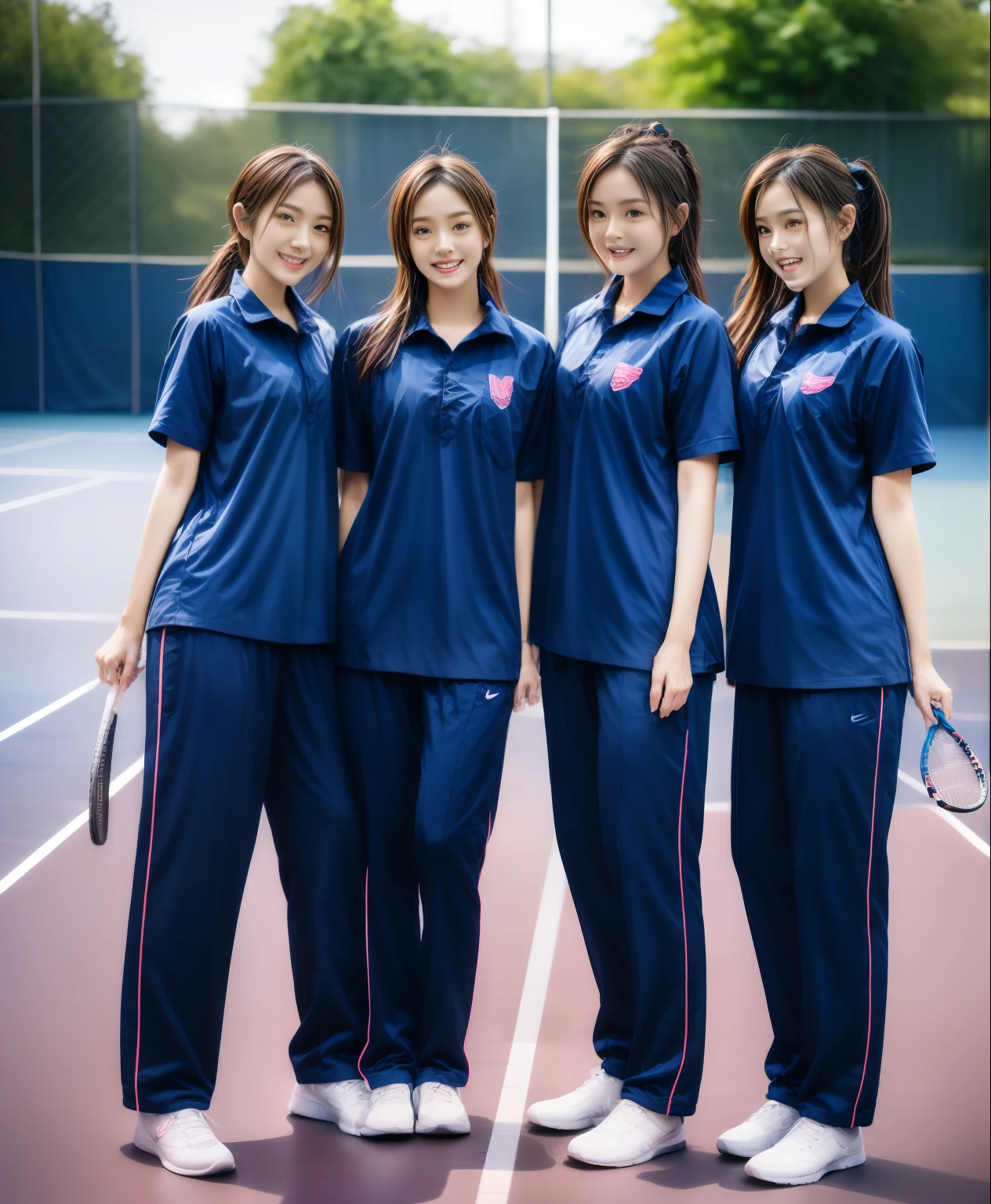 3 girls play tennis at tennis courts, Navy blue short-sleeved shirt,Navy Long Trackpant,Sweatpants, Sweatpantsขายาว,25 year old girl, lesbian, sexy, exercise clothes, wet body, exercise clothes