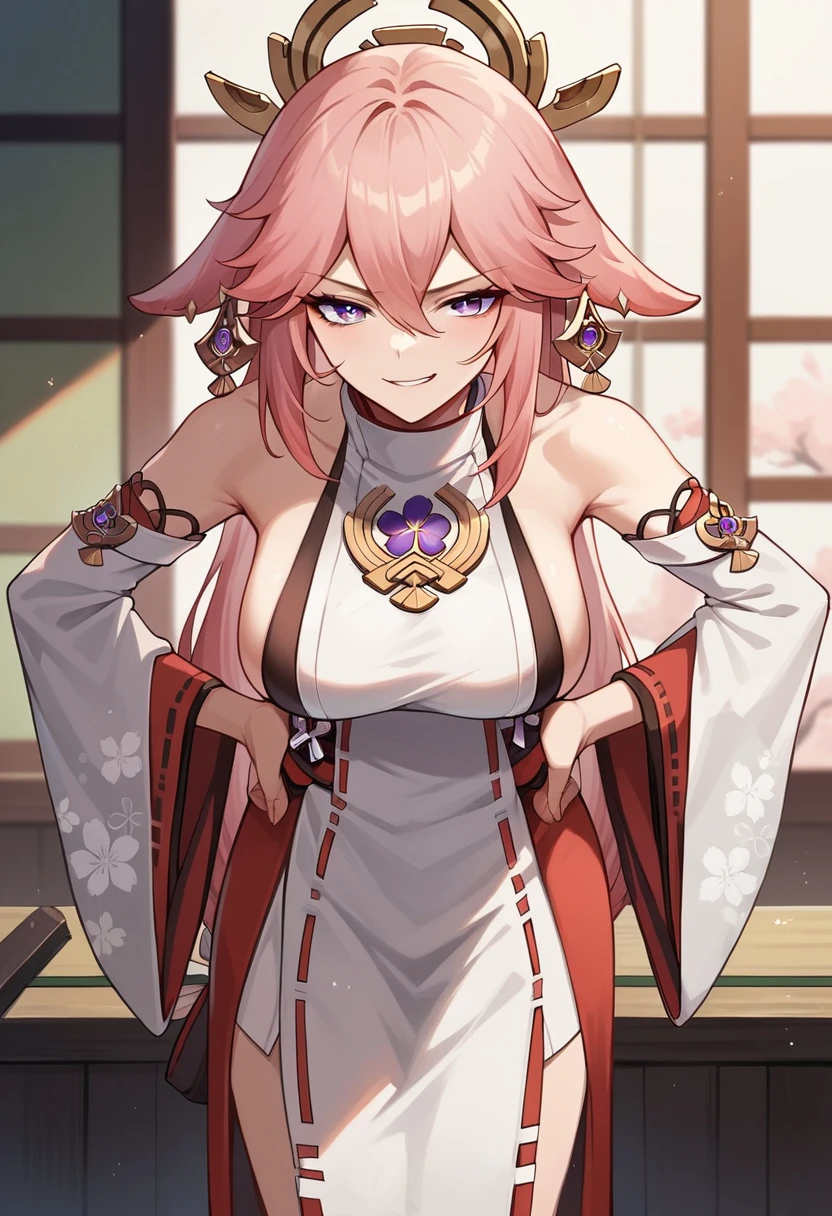1 girl, Yae Miko, Genshin Impact, kimono, leaning forward, teasing smirk, hands on hips