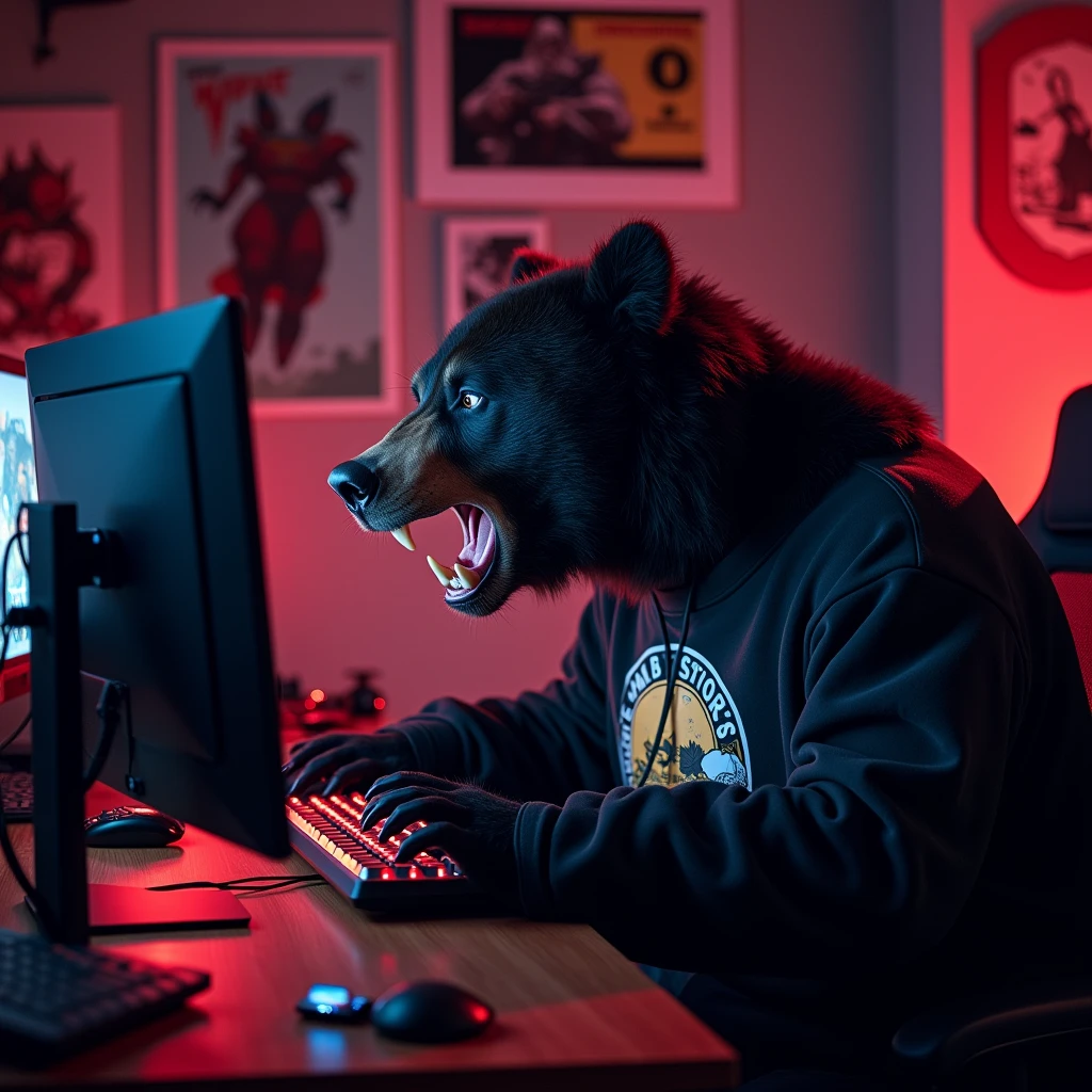 A black bear (animal) angry and growling while playing on his computer. Has a gamer office with red lights in the background. He is sitting in a gaming chair. He has a sweatshirt.