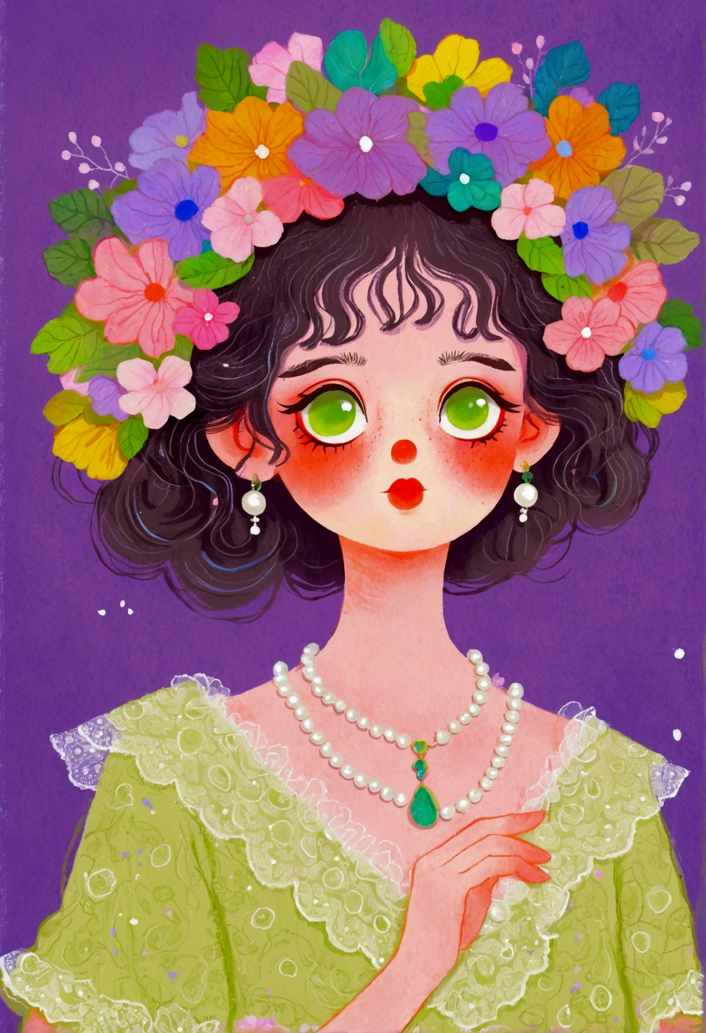 A girl in a green lace dress and a wreath on her head,big eyes，Pearl Necklace，Exaggerated expression，Lovely art style, Lo-Fi Girl, Tranquility illustration, Flower Goddess, Illustration line art style, Digital illustration style，Purple background