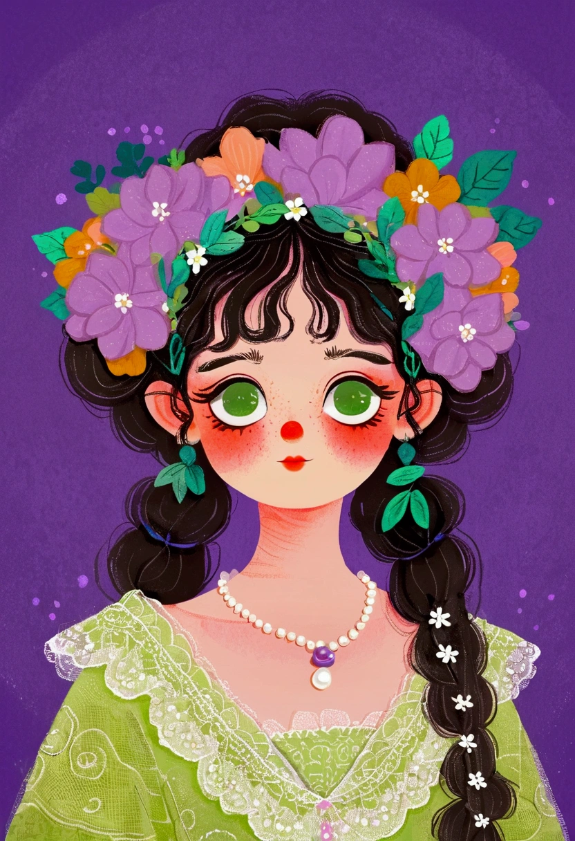 A girl in a green lace dress and a wreath on her head,big eyes，Pearl Necklace，Exaggerated expression，Lovely art style, Lo-Fi Girl, Tranquility illustration, Flower Goddess, Illustration line art style, Digital illustration style，Purple background