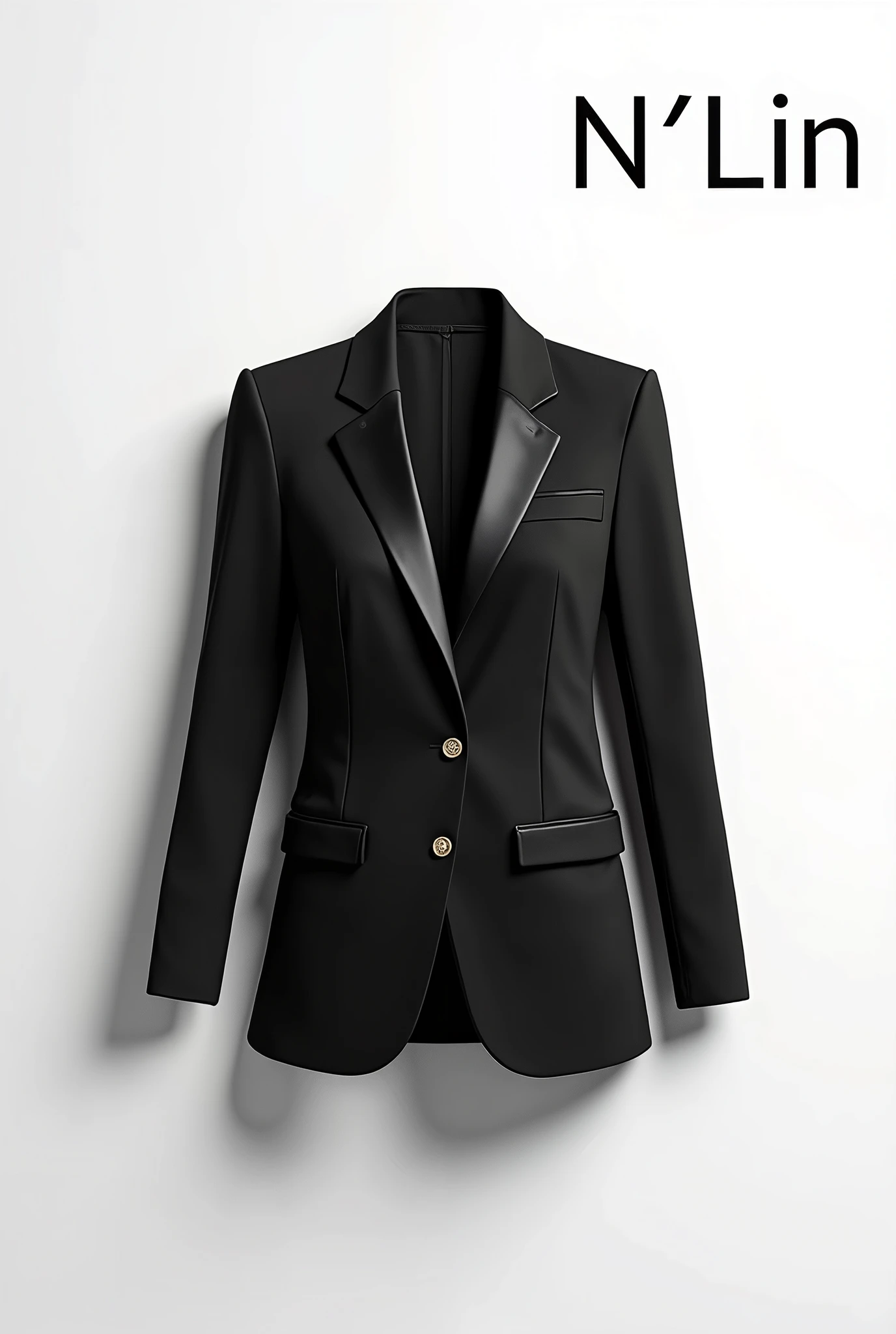 Create a fashion poster featuring a women's blazer as the main product, with the brand name 'N'Lin' prominently displayed in the image. The poster should exude elegance and sophistication, appealing to young women with a refined and trendy sense of style. Use a minimalist design with a clean background, focusing on the blazer's details and quality. The typography should be sleek and modern, and the placement of 'N'Lin' should be tasteful yet noticeable, reinforcing the brand's identity within the high-fashion market