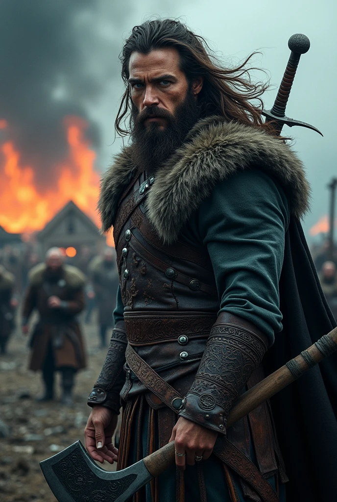Entendi. Aqui está a descrição corrigida:
---
**Thorvik, the Sea Wolf**
- **Height and Physique**: 1.90m (6'3"), with a muscular and well-defined physique similar to Ian Somerhalder as Damon Salvatore, featuring broad shoulders and an imposing stance.
- **Hair and Beard**:
- **Hair**: Long, dark brown, loose, and slightly wild.
- **Beard**: Thick and well-groomed, styled in a Viking fashion.
- **Clothing and Equipment**:
- **Clothing**: Traditional Viking attire with furs and rustic leather armor.
- **Weapons**:
- **Axe**: Large and heavy, with a gleaming blade and Nordic engravings, held in the right hand.
- **Sword**: Long and ornate, with a leather-wrapped hilt and runes engraved on the blade, carried on his back.
- **Eyes**: Piercing blue-white with a supernatural intensity, similar to the Night King from *Game of Thrones*, but with vibrant red pupils.
- **Scars**: Visible scars on his face and body, indicating past battles.
- **Background**:
- **Setting**: A village under Viking attack. Burning buildings, thick fog, and a dark, stormy sky. Vikings are seen pillaging and causing destruction. One Viking is laughing while holding a woman from the village.
---
**Illustration Suggestion**: For the illustration, use Ian Somerhalder's appearance as a reference for Thorvik's physique and posture. The eyes should feature vibrant red pupils against a piercing blue-white background. The axe and sword should be realistic and detailed, complementing Thorvik's imposing appearance. The background should depict the chaos of the Viking raid, with one Viking notably laughing while restraining a village woman.
---