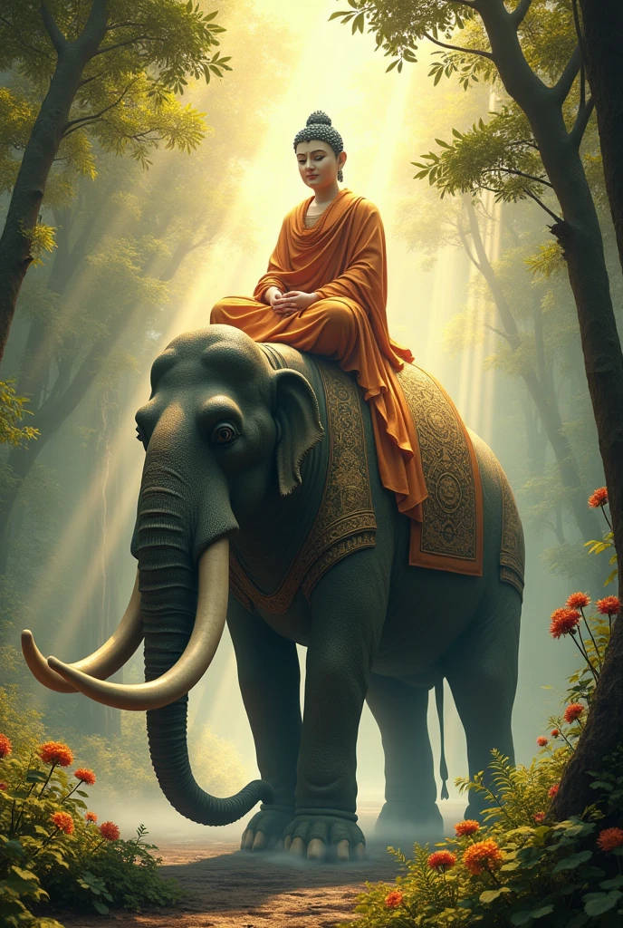 Bhagwan dipankar buddha sitting on a huge divine mammoth , looks very realistic
