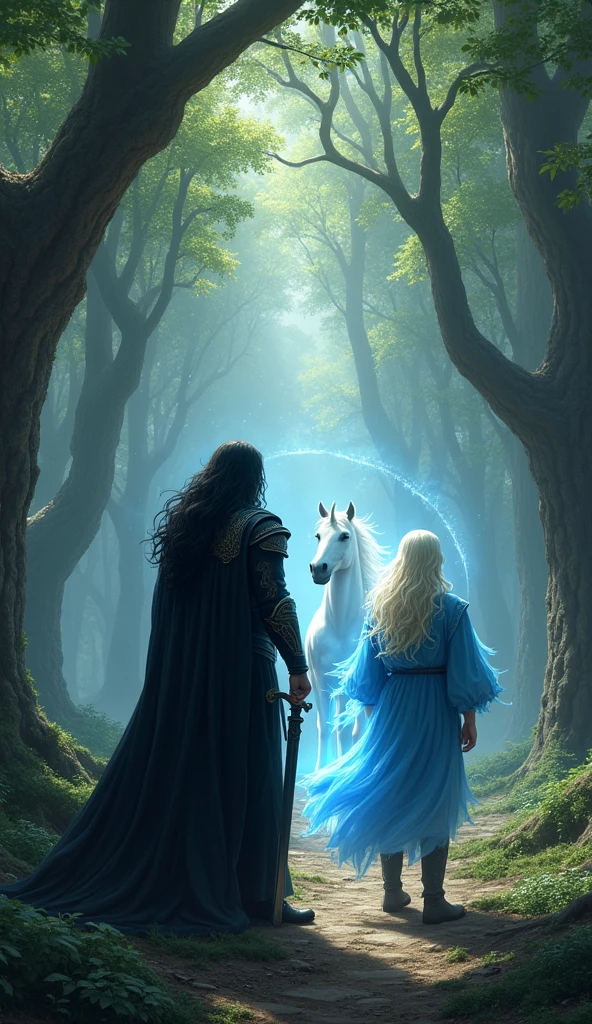 In the sacred forest, Vortex stands with long black hair flowing under his black coat, his dark sword gripped firmly. Next to him is Mirage, a male sorcerer with platinum blonde hair, dressed in a flowing blue robe. Mirage holds an ancient staff emitting a faint blue glow. The radiant unicorn stands between them, its ethereal light contrasting with the dark tones of Vortex and the cool blue aura of Mirage. The three figures are poised, ready to face the impending darkness that threatens the village, their combined powers symbolizing the unity of light, darkness, and magic.