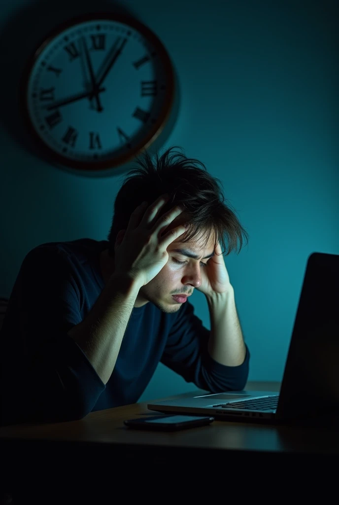 The person is typing on the laptop, pausing occasionally to rub their temples or take a deep breath. The clock on the wall shows it’s past normal working hours.