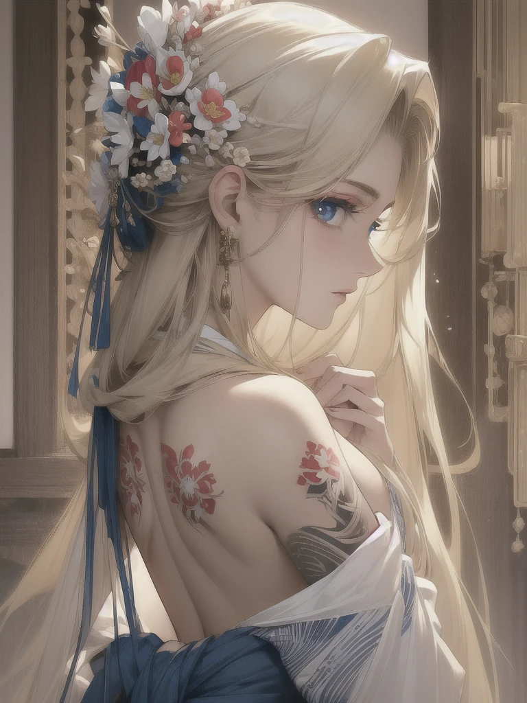 (masterpiece, highest quality, best quality, official art, beautiful and aesthetically pleasing:1.2),1 girl, tattoo, solo, Japanese clothes, hair decoration, nudity, golden hair, tattoo on the back, blue eyes, open shoulders, looking back, from behind, flower, looking at the viewer, holding, makeup, indoors,