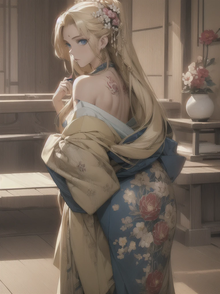(masterpiece, highest quality, best quality, official art, beautiful and aesthetically pleasing:1.2),1 girl, tattoo, solo, Japanese clothes, hair decoration, nudity, golden hair, tattoo on the back, blue eyes, open shoulders, looking back, from behind, flower, looking at the viewer, holding, makeup, indoors,