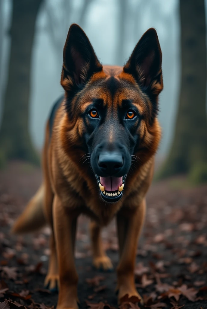generates an image of a Belgian shepherd dog that is predominantly brown and brown in color and that is aggressive, wanting to bite more aggressively, even more and more aggressively, but that is more brown in color