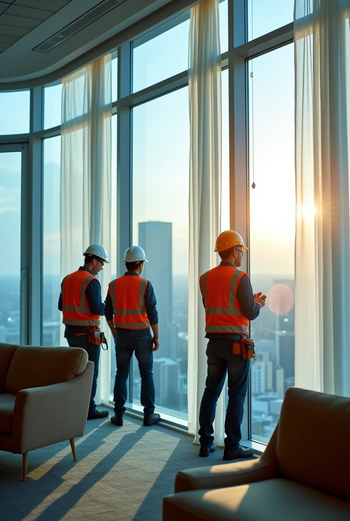 Workers installing electric curtains