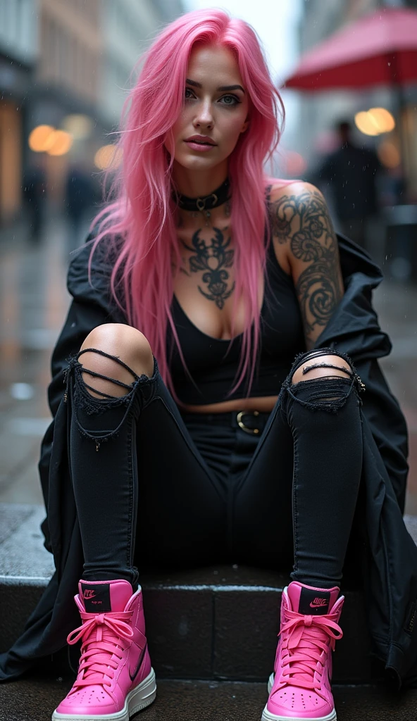 Detailed Images / Beautiful white gothic woman, smile, Moist and moisturized skin, Long pink hair, He has black tattoos all over his body, Big Breasts, Wearing a black jacket, He was wearing ripped black jeans., She wore pink high-top Nike sneakers., Sitting on a rain-soaked bench in the square, Close-up image, Ultra-realistic, Ultra-realisticな高品質画像, 4K, 8k Lots of details, Realistic lighting and skin tones, Detailed dark background