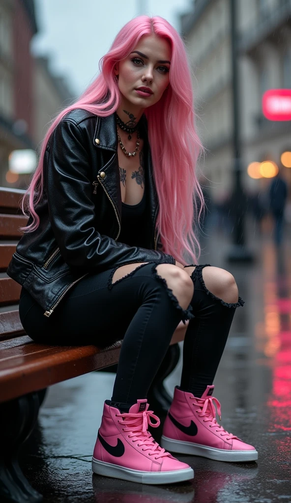 Detailed Images / Beautiful white gothic woman, smile, Moist and moisturized skin, Long pink hair, He has black tattoos all over his body, Big Breasts, Wearing a black jacket, He was wearing ripped black jeans., She wore pink high-top Nike sneakers., Sitting on a rain-soaked bench in the square, Close-up image, Ultra-realistic, Ultra-realisticな高品質画像, 4K, 8k Lots of details, Realistic lighting and skin tones, Detailed dark background