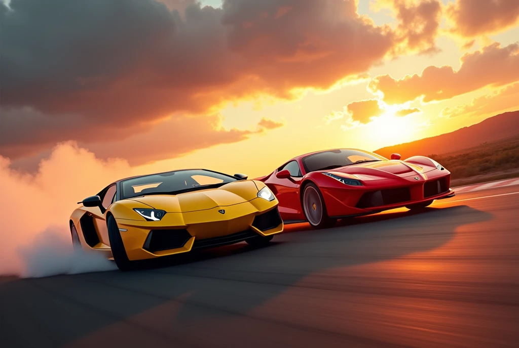A thrilling cinematic photo capturing the high-speed chase of a yellow Lamborghini aventador svj racing alongside a ferrari laferrari vibrant red. The Lamborghini's tires screech as it takes a sharp turn, while the ferrari's sleek design cuts through the air. In the background, a breathtaking sunset casts the sky in vibrant shades of orange and pink, setting the scene for a dark fantasy. The overall atmosphere is dynamic and exhilarating, with a sense of danger and excitement hanging in the air., cinematic, photo, poster, vibrant