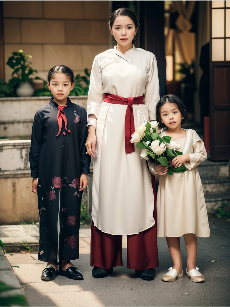 Highly realistic photo, ((masterpiece), (best quality), (raw photo), (photorealistic:1.4),This photo shows a vintage image of a woman standing with two young children against a beige gradient background. The woman, in the center, is wearing a Vietnam traditional aodai and has short hair. She has a calm expression, and her hands are gently resting at her sides.
On her left is a young boy in ((dark school uniform)) with a red scarf tied around his neck. His expression is neutral, and he is standing close to the woman. On her right is a young girl wearing a dark uniform skirt and white shirt and holding a bouquet of flowers. The girl has short hair and a sweet, innocent expression. All three figures have a solemn yet gentle appearance, reflecting an older, possibly formal portrait style. they stood in the classroom hallway , photo taken by Sony A7IV
