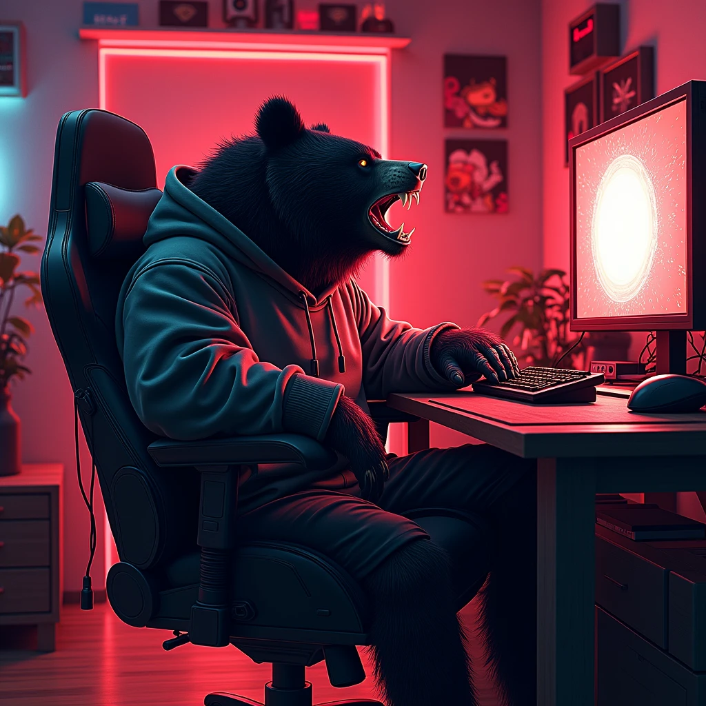 A black bear (animal) angry and growling while playing on his computer. Has a gamer office with red lights in the background. He is sitting in a gaming chair. He has a sweatshirt. Cyberpunk drawing style.