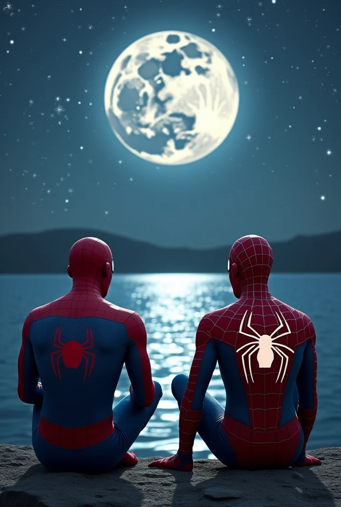 A spiderman and an iroman sitting beside a river. theeihu is written on ironman suit and mospidy is written on spiderman suit. A beautiful moon in the sky. Stars are glitching.