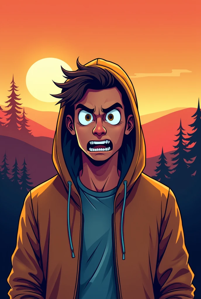Simple Background, Character Design, hoodie、Man crazy eyes, View landscape, Icon Style,