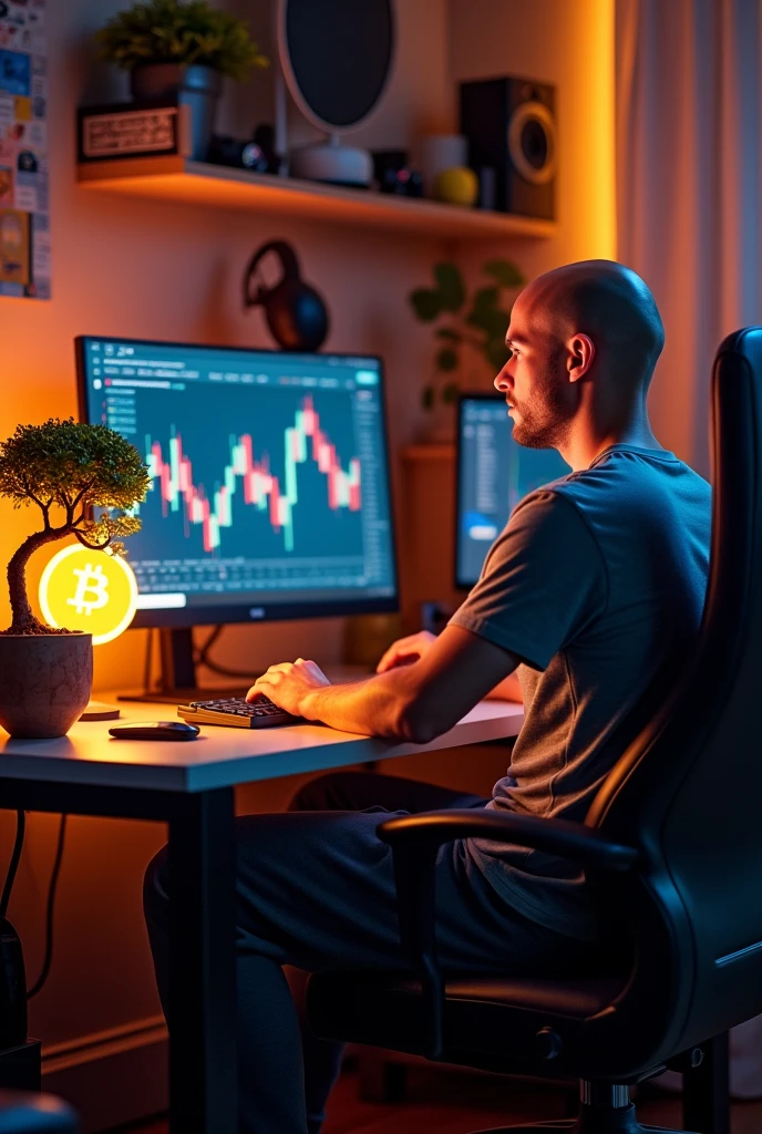 crie umA imagem de um adulto de uns 40 anos sentado no quarto no setup gamer, looking at the bitcoin chart, place a small bonsai on the table, and a lamp with the bitcoin logo, A imagem ,a little back, na diagonal da foto ,the boy is white with shaved hair, put the photo further away