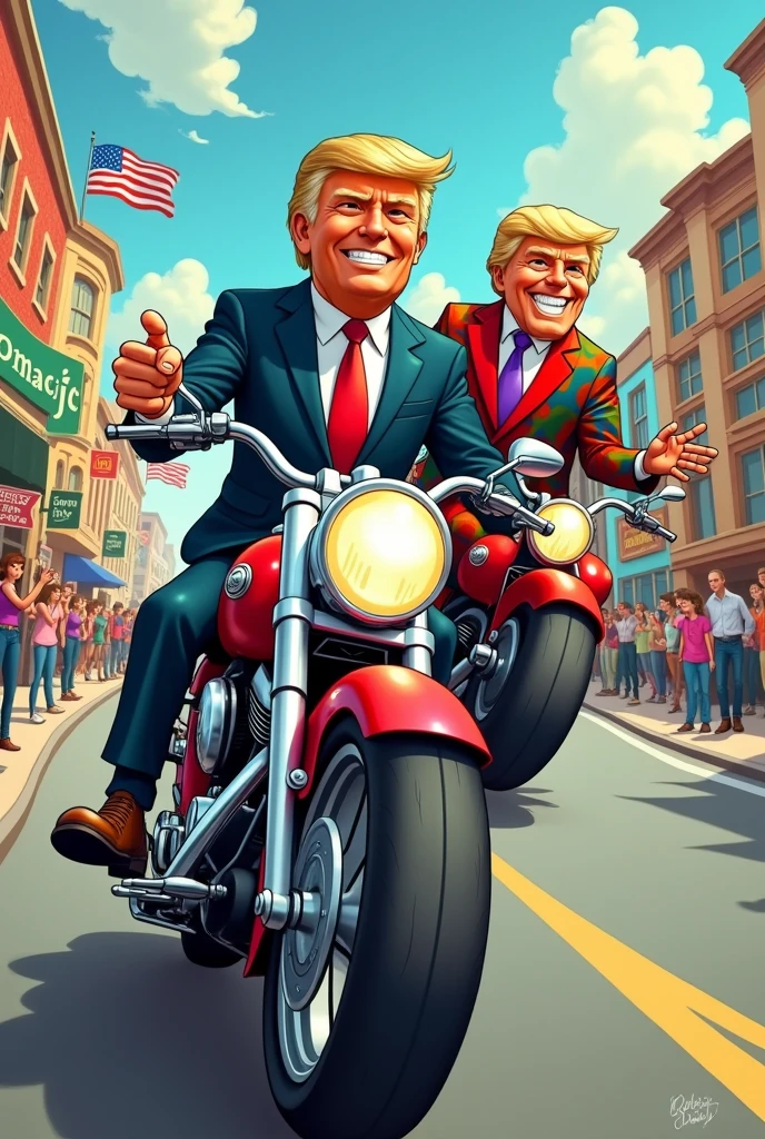MOTORCYCLE WITH TWO POLITICAL LARONS IN A CARTOON