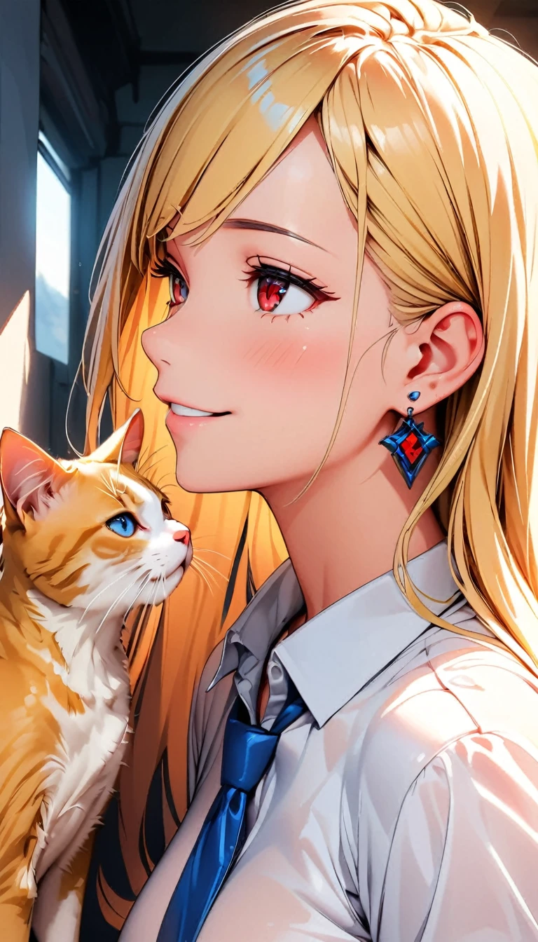 (Highest quality:1.2, Very detailed, Attention to detail, digital coloring, High Contrast, masterpiece:1.2, Highest quality, Best aesthetics), ((1 person)), blonde, Straight Long Hair, Red eyes, Earrings, Black choker, Collared shirt, Blue tie, smile, blush, Facing the cat, profile,Face Up Shot, Face to face with cats:1.2, Focus on profile.rtrophto1,