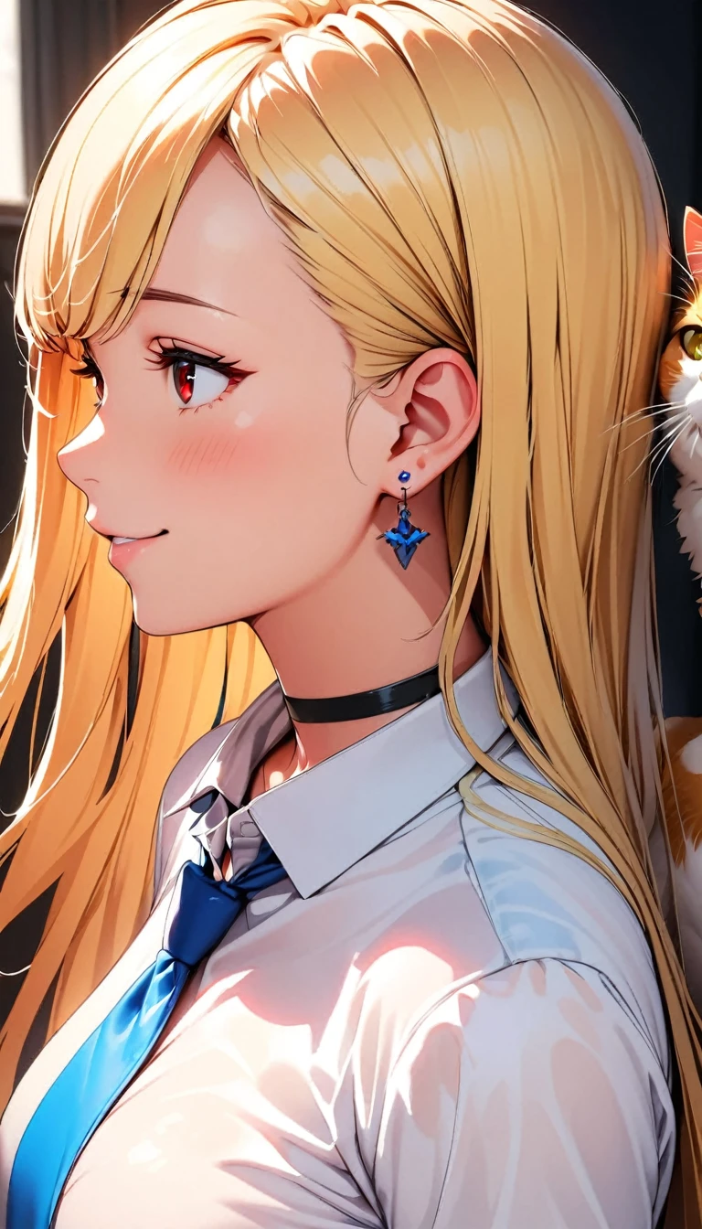 (Highest quality:1.2, Very detailed, Attention to detail, digital coloring, High Contrast, masterpiece:1.2, Highest quality, Best aesthetics), ((1 person)), blonde, Straight Long Hair, Red eyes, Earrings, Black choker, Collared shirt, Blue tie, smile, blush, Facing the cat, profile,Face Up Shot, Face to face with cats:1.2, Focus on profile.rtrophto1,