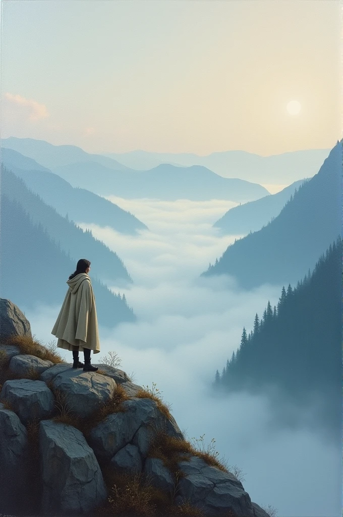 Oil painting style,Mist in the mountains,Viewpoint in the mountains