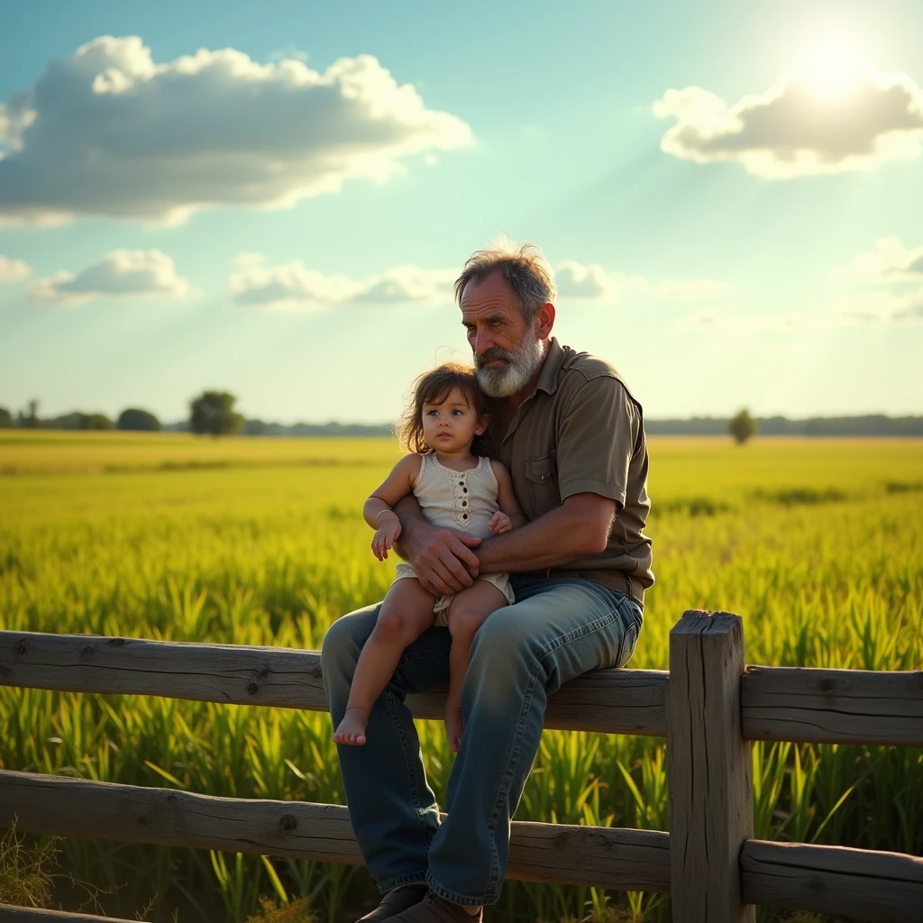The farmer is sitting with his daughter in his arms, an expression of pity on his face.
Behind are green crop fields, where some crops are swaying.